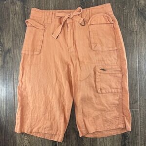 DStudio 100% Linen Long Cargo Shorts Lagenlook Peach Drawstring Belt Women's 8